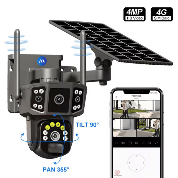 Triple lens 4g enabled solar cctv camera